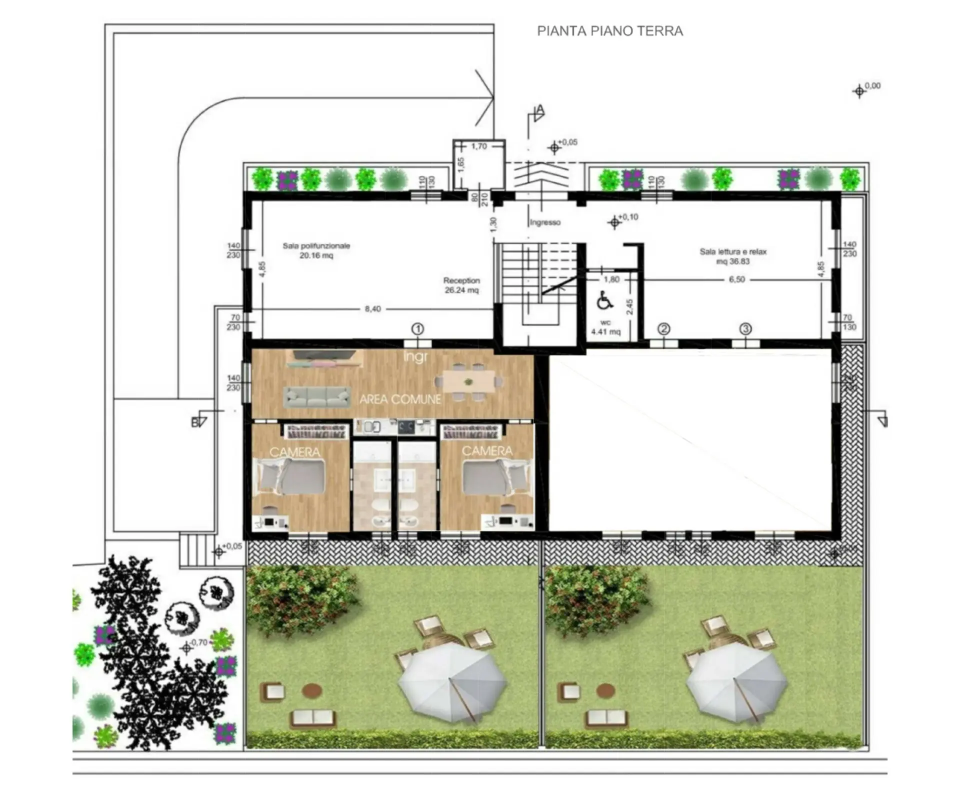 Planimetria del piano terra sinistra residence universitario a Fisciano