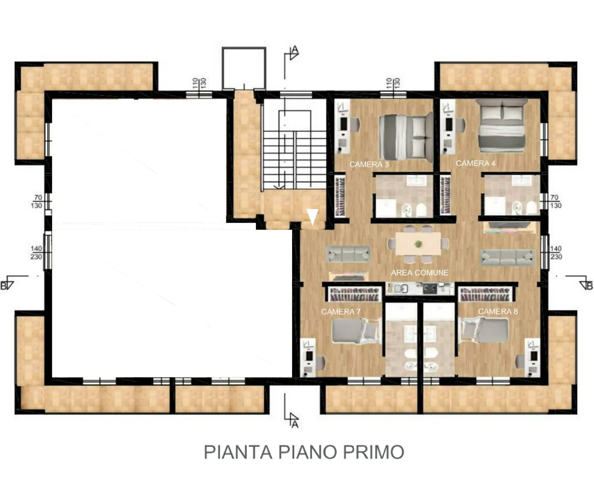 Planimetria del primo piano destra del residence universitario a Fisciano