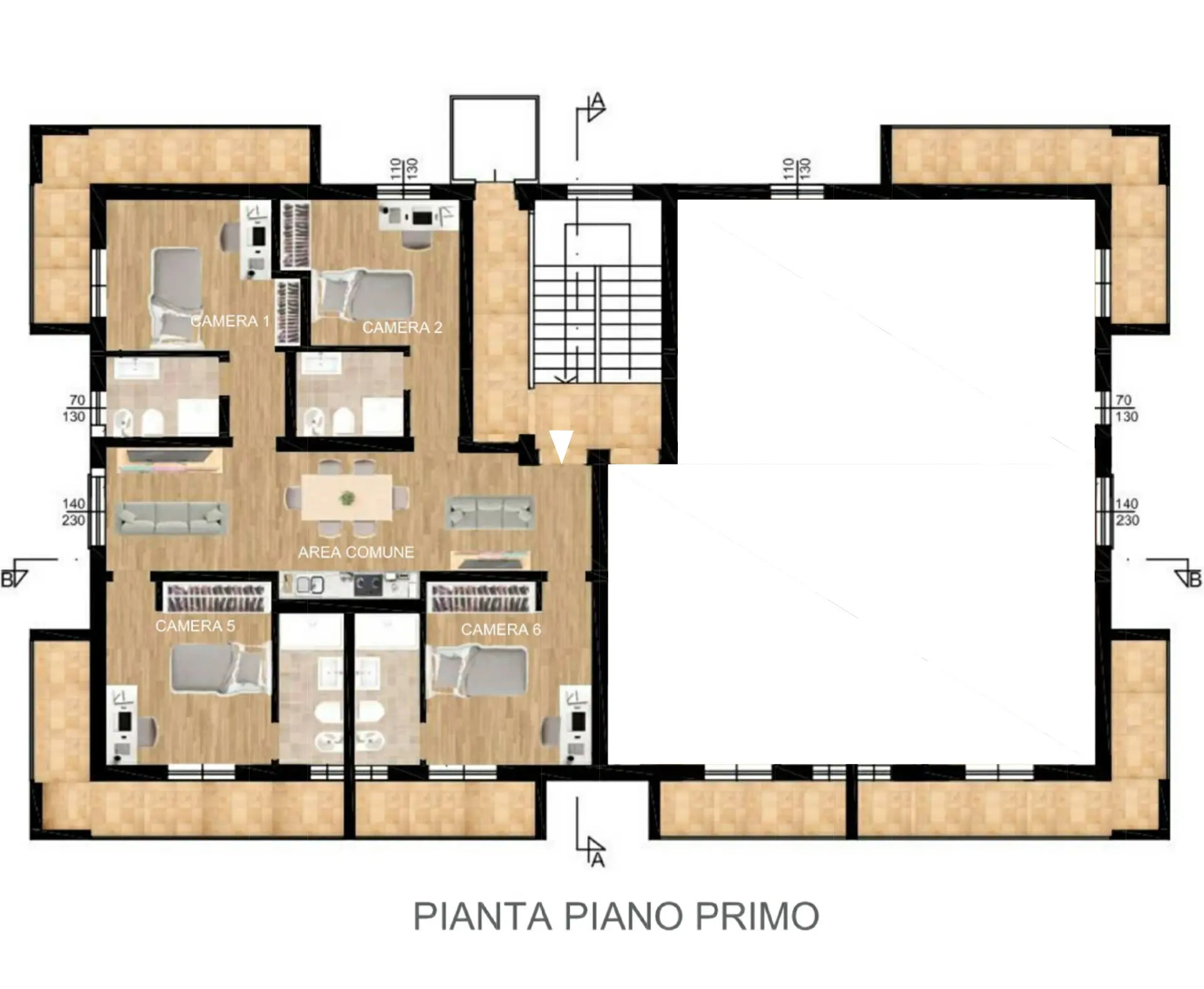 Planimetria del secondo piano sinistra del residence universitario a Fisciano