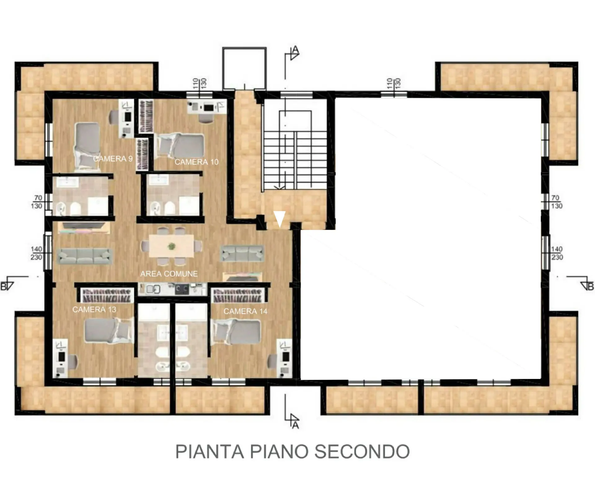 Planimetria del secondo piano sinistra del residence universitario a Fisciano